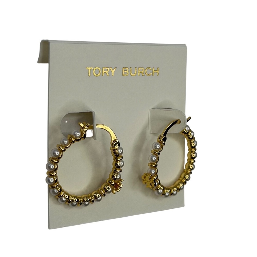 Tory Burch Kira Pearl Hoop Earrings Gold Tone Beaded Cream NWT Boho Chic Luxury - Picture 2 of 4